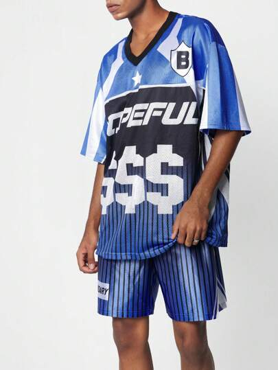 Street Life Men's Shiny Fabric Contrast Mesh Sports Short Sleeve Tracksuit, School