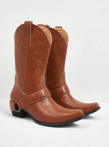 Styleloop Women's Simple Mid-Calf Western Boots, Suitable For Travel, BOHO, American Retro, Bohemian, Western Music Festival, Party, Christmas, Halloween Outfits - Brown - View 4