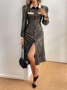 Chiquease Vestido de dama con cadena estampada en dorado y costura metálica - Negro - Ver 3