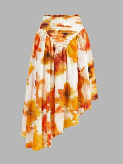 SHEIN LUNE تنورة مطبوعة بطراز زهري ذات حافة غير متماثلة للنساء للعطلات