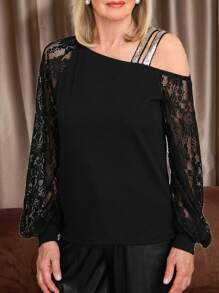 SHEIN LUNE Áo ren đơn giản màu trơn cho nữ để mặc hàng ngày - màu đen - Xem 3