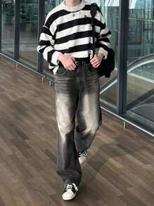 DAZY Men's Casual Contrast Striped Ripped Knitted Sweater, Autumn - Multicolor - View 6