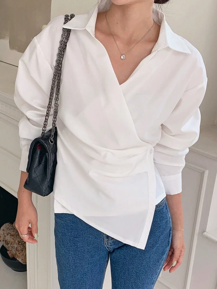 Women Plain V-Neck Blouse, White, Spring/Summer,Fall Clothes Long Sleeve Top
