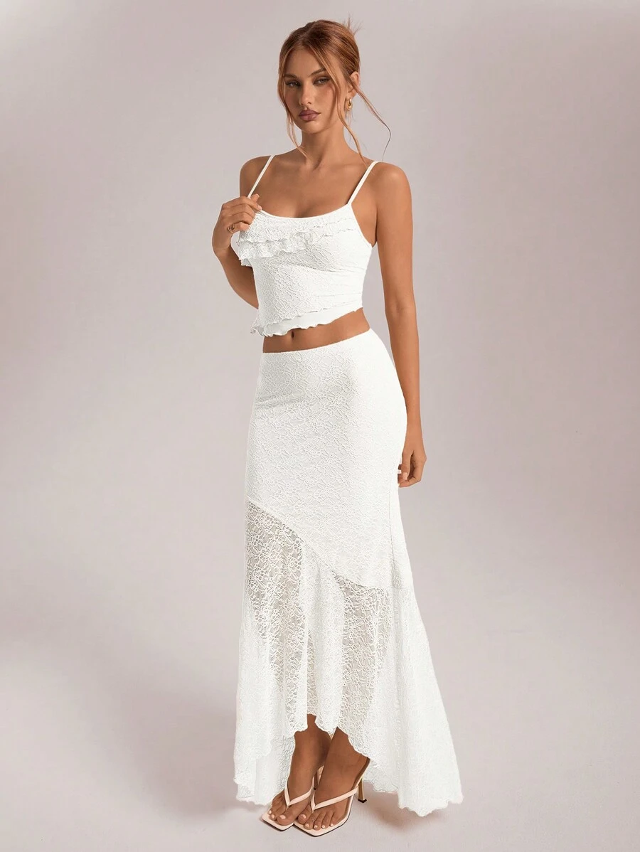 Aloruh Women's Spring Summer Holiday/Wedding Lace Asymmetric Hem Camisole Top And Low Waist Ruffle Hem Mermaid Skirt 2-Piece Set