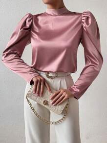 Chiquease Round Neck Pleated Short Sleeve Satin Elegant Shirt - Pink - View 5