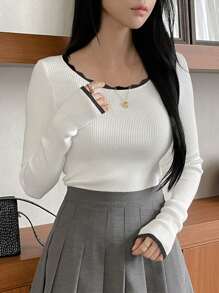 DAZY Women's Autumn/Winter Contrast Color Slim Fit Pullover Sweater