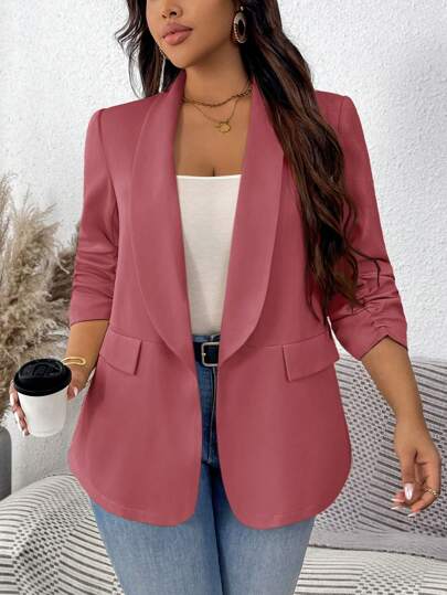 SHEIN LUNE Plus Size Women's Spring/Fall Solid Color Ruched Sleeve Shawl Collar Blazer Jacket Autumn