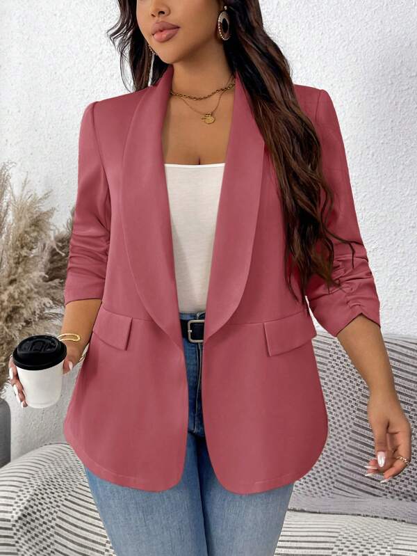 SHEIN LUNE Plus Size Women's Spring/Fall Solid Color Ruched Sleeve Shawl Collar Blazer Jacket