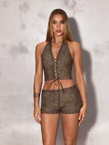 SHEIN BAE Minimalist Casual Metal Eyelet Design Summer Shorts, Beige Low-Waist Ultrashort PU Shorts - Coffee Brown - View 5