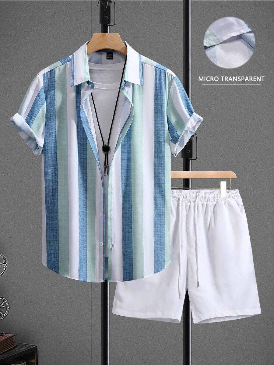 Manfinity Homme Striped Print Front Button Short Sleeve Shirt And Solid Color Drawstring Shorts Casual Summer Outfit - Blue - View 1