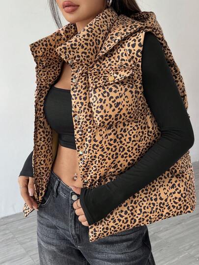 Flirla Chaleco con capucha informal y elegante con estampado de leopardo y cuello alto para mujer, ideal para el invierno