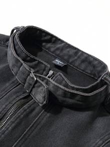 Manfinity Streetrush Chaqueta vaquera casual de manga larga con media cartera con cremallera de unicolor para hombres primavera y otoño