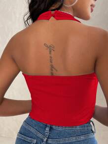 INAWLY Women's Summer Solid Color Ribbed Slim Sexy Halter Neck Tank Top - Red - View 2