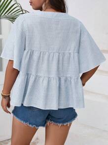 SHEIN VCAY Áo sơ mi tay ngắn cổ tròn kẻ sọc rộng rãi cho bé gái mùa hè cỡ lớn dành cho nữ - Màu xanh hải quân - Xem 2