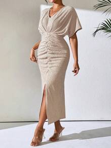 SHEIN Clasi 女士简约素色 V 领日常连衣裙长款女装 - 卡其色 - 查看 5