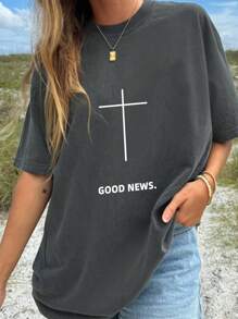 INAWLY 女士夏季口号印花圆领短袖休闲 T 恤图案 T 恤女式上衣 - 深灰色 - 查看 1