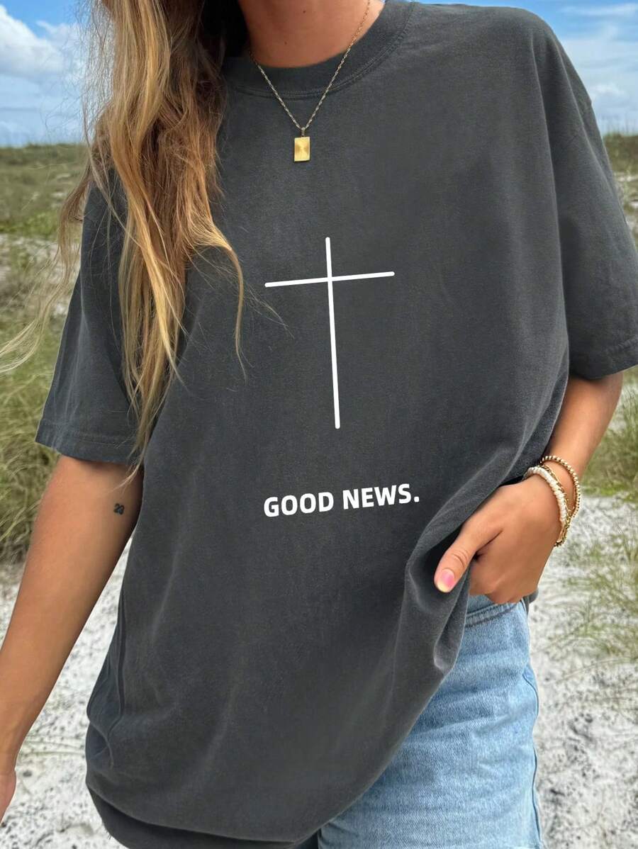 INAWLY 女士夏季口号印花圆领短袖休闲 T 恤图案 T 恤女式上衣 - 深灰色 - 查看 1