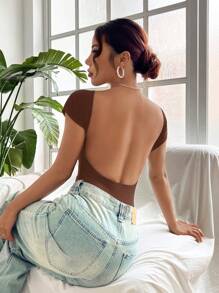 SHEIN EZwear 棕色针织露背女式紧身衣