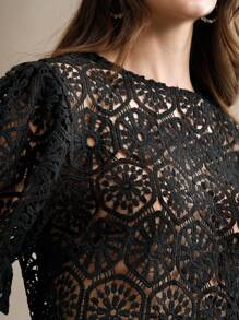 Anewsta Women Black Lace Gathered Waist Lantern Sleeve Top