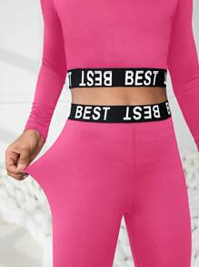 SHEIN Leap Crew Tween Girl Knit Patchwork Letter Ribbed Trim Raglan Sleeve Top And Lounge Pants 2-Piece Set - Hot Pink - View 3