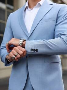 Manfinity Bizformal Men's Slim Fit Business Suit, Single Breasted Button Jacket With Pockets And Lapel, Trousers Included - Baby Blue - View 7