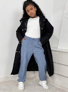 SHEIN Tween Mädchen Urban Casual Loose Fit Langer wattierter Mantel mit Kapuze und Gürtel