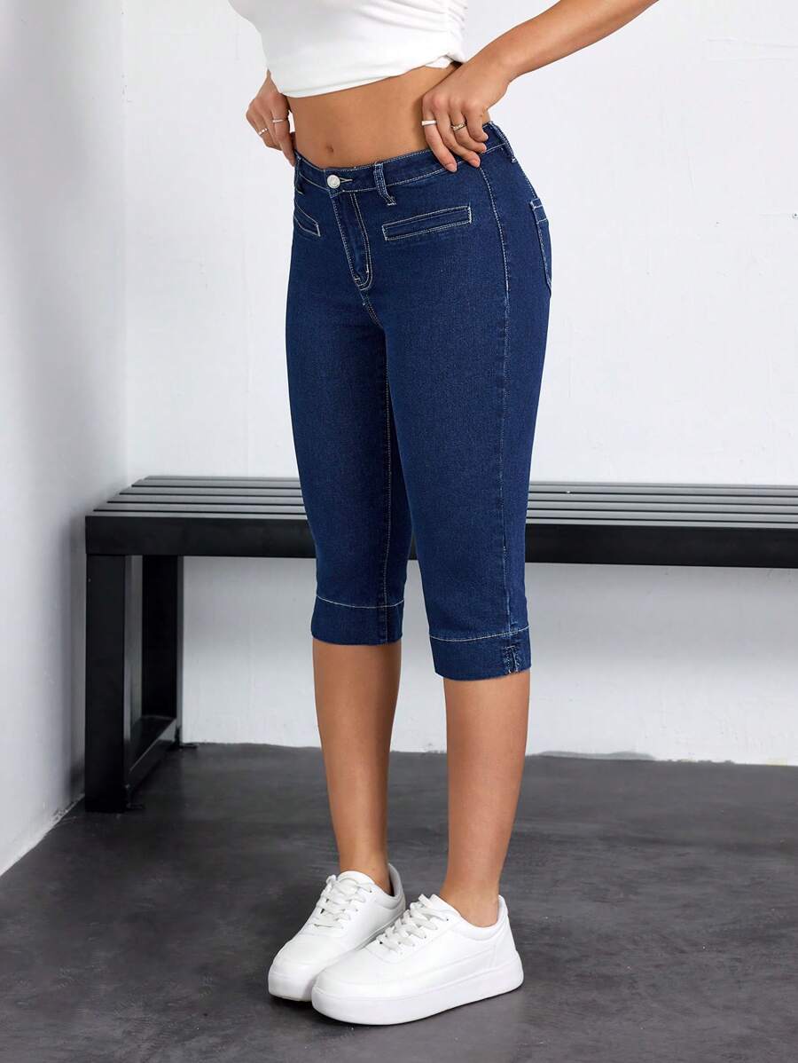 SHEIN EZwear 女士纯色简约日常牛仔裤 - 深色水洗藍 - 查看 1