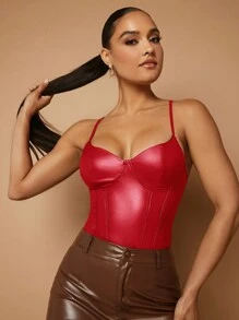Silquee Bộ đồ liền thân có dây đeo bằng da PU màu trơn mùa hè dành cho nữ thời trang - Đỏ - Xem 5