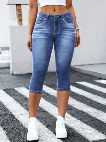 SHEIN Essnce Vaqueros casuales de tela vaquera de corte slim con bolsillos y cinturilla con botones para mujer