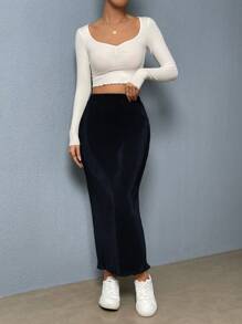 SHEIN Essnce Solid Color Lettuce Trim Casual Skirt - Navy Blue - View 4