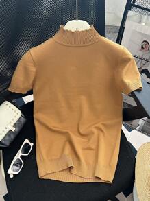 EMERY ROSE Women's Spring And Summer Solid Color Half-High Collar Slim Fit Pullover Short-Sleeved Knitted Top - Yellow - View 3