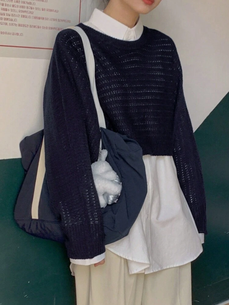 Women's Autumn And Winter Solid Color Back Tie Round Neck Hollow Long Sleeve Sweater