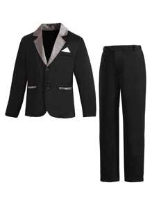 SHEIN 2pcs Tween Boys Satin Patchwork Blazer Jacket & Trousers Set,Black And White Elegant Traditional Summer Wedding Outfit For Birthday Party Graduation - Black - View 1
