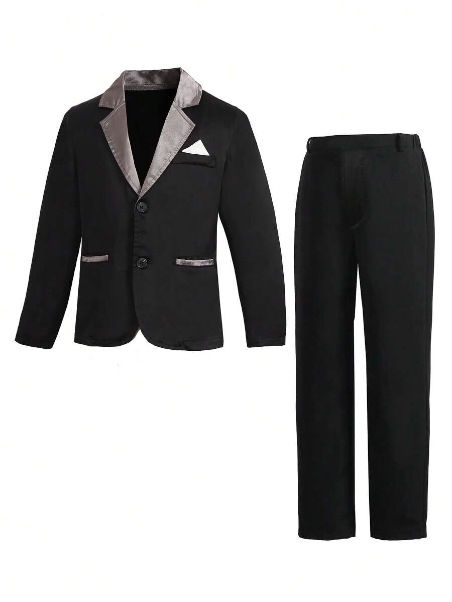 SHEIN 2pcs Tween Boys Satin Patchwork Blazer Jacket & Trousers Set,Black And White Elegant Traditional Summer Wedding Outfit For Birthday Party Graduation - Black - View 1