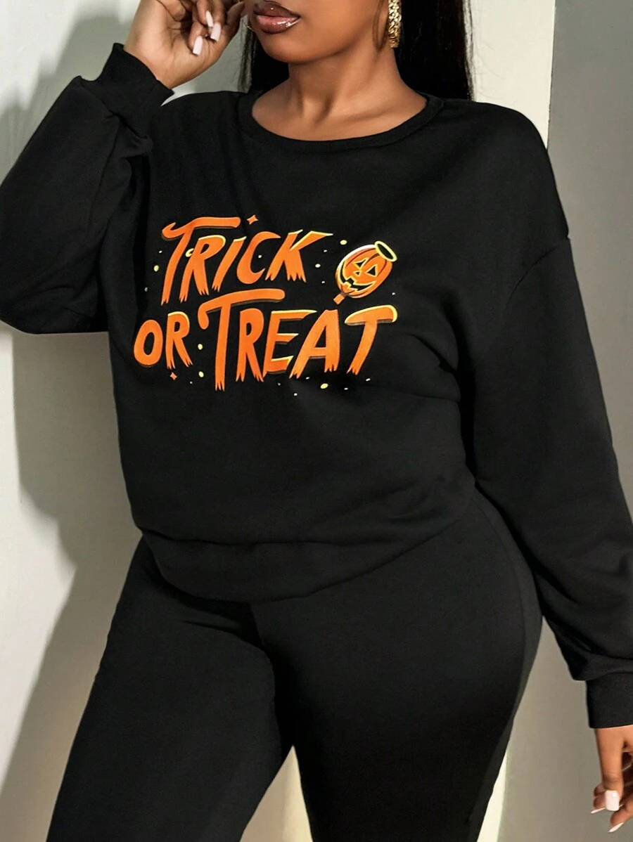 SHEIN SXY 大码圆领长袖字母印花简约套头衫，秋冬休闲日常穿着 - 黑色 - 查看 1