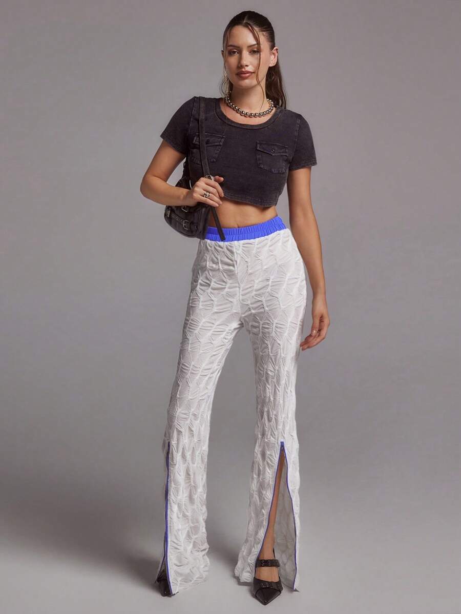 SHEINNeu 女士高腰纹理半透明开衩下摆紫色腰带宽松夏威夷风格阔腿裤 - 黃色 - 查看 1