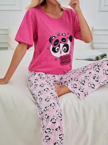 RueChic Ensemble pyjama femme avec t-shirt à manches courtes imprimé lettres et panda de dessin animé, et pantalon