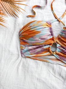 Soleia 女士秋季假期、毕业季、返校季沙滩装返校服秋装度假装娃娃装上衣时尚休闲甜美可爱水彩扎染花朵印花褶皱材质露背露背短款背心