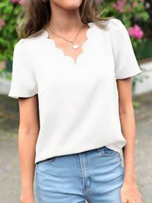 SHEIN Clasi Áo Sơ Mi Nữ Ngắn Tay Đơn Giản Màu Trơn Có Cổ Viền Vỏ - trắng - Xem 5