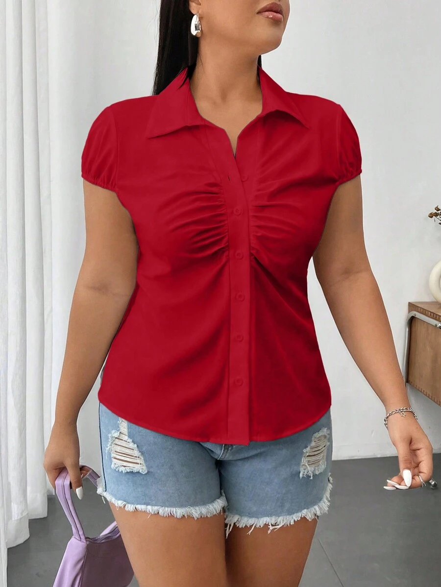 Flirla Áo sơ mi nữ cổ bẻ xếp ly phía trước cỡ lớn có tay áo Dolman cho quần áo năm mới - Đỏ - Xem 1