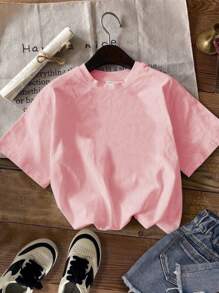 SHEIN Camiseta de manga corta, cuello redondo, informal y sencilla para niña preadolescente, adecuada para primavera y verano