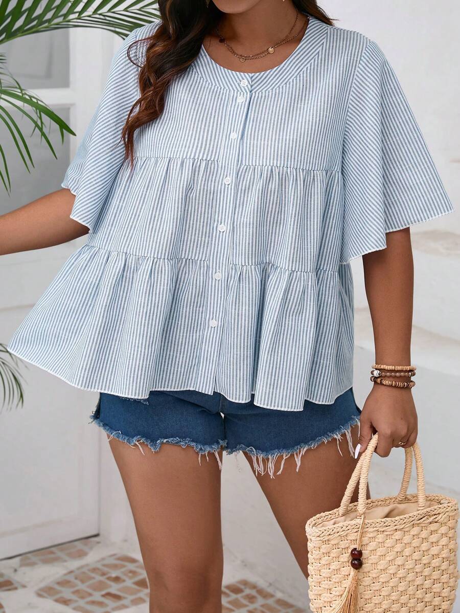 SHEIN VCAY Áo sơ mi tay ngắn cổ tròn kẻ sọc rộng rãi cho bé gái mùa hè cỡ lớn dành cho nữ - Màu xanh hải quân - Xem 1