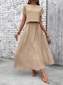 SHEIN LUNE 2-delige dames effen kleur vleermuismouwen, eenvoudige top en minirok, casual set