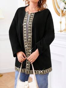 Plus Size Women Rhinestone Decor Long Sleeve Jacket - Black - View 3