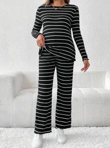 SHEIN 2pcs Maternity Striped Round Neck Long Sleeve Casual T-Shirt And Adjustable Waist Pants Set, Spring Summer - Black and White - View 6
