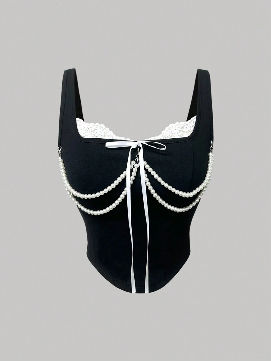 SHEIN MOD 女士蕾丝领蝴蝶结链条装饰可拆卸黑色背心，返校季 - 黑色 - 查看 1