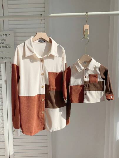 SHEIN Camisas de manga larga de pana de color vintage bloqueado casual para niño/niña bebé, apropiadas para otoño e invierno