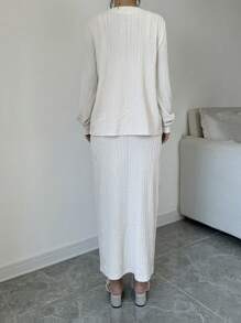 Chiquease 2pcs Solid Color Minimalist Long Sleeve Jacket & Dress Set For Women - Apricot - View 2