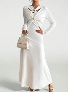 SHEIN PETITE Women's Hollow Out Metal Decor Pleated Dress - White - View 3