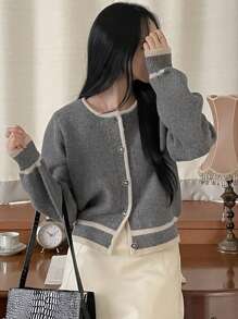 DAZY 女士撞色饰边纽扣前襟休闲针织毛衣、长袖上衣、秋季女装